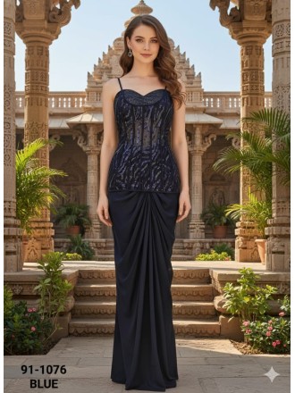 Yellow With Navy Blue Georgette Designer Straight Cut Suit