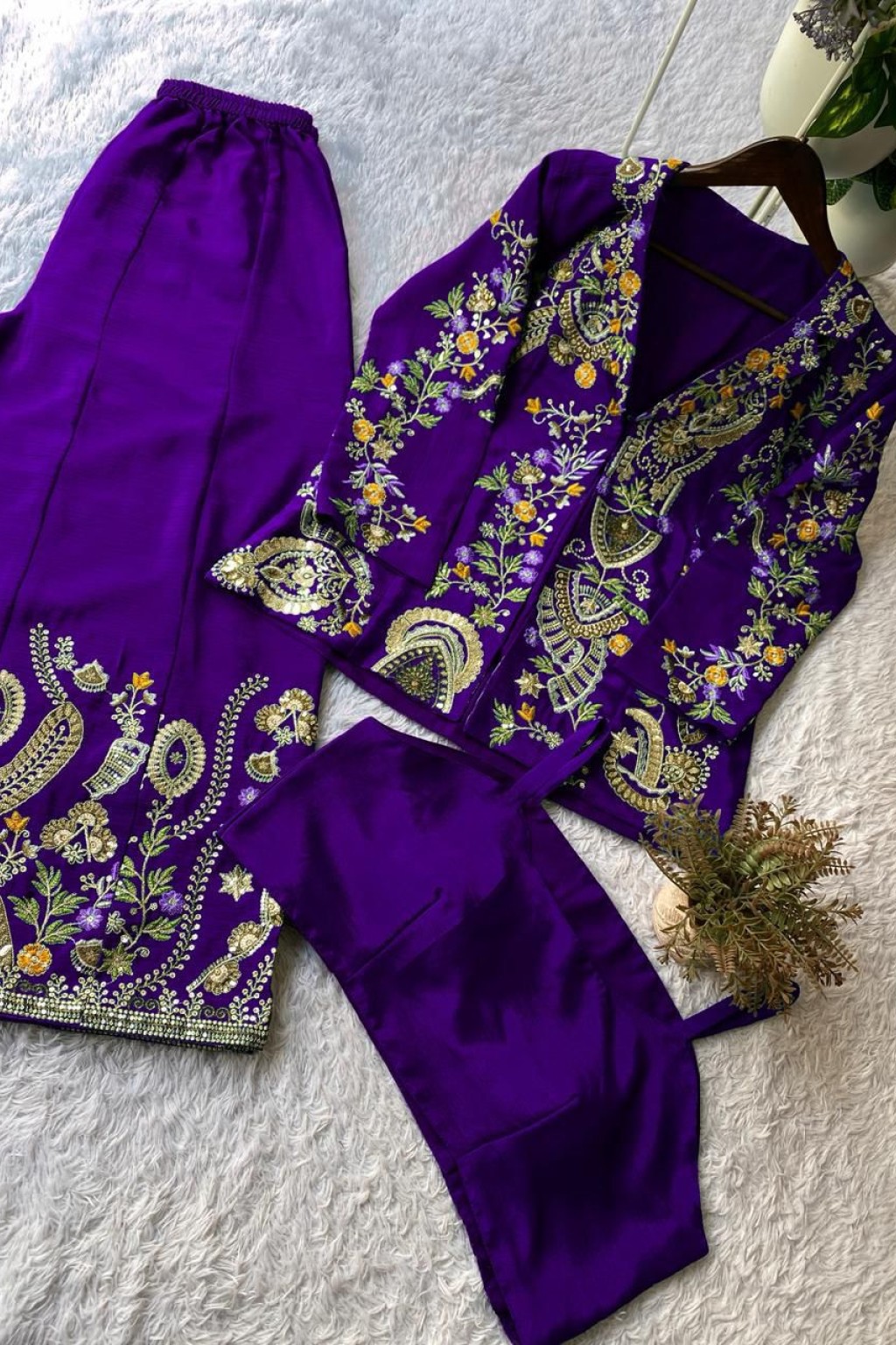 Puple Color Heavy Faux Georgette Silk Top-Bottom And Dupatta Set Fully Stitched Ready To Wear