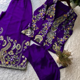 Puple Color Heavy Faux Georgette Silk Top-Bottom And Dupatta Set Fully Stitched Ready To Wear