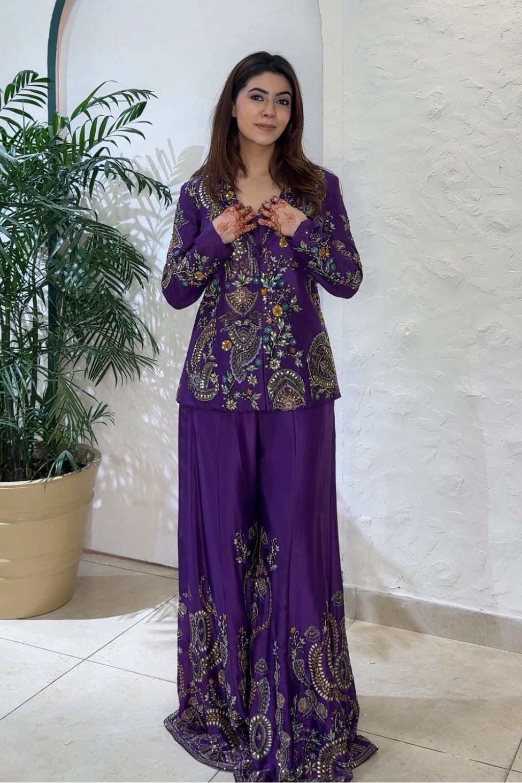 Puple Color Heavy Faux Georgette Silk Top-Bottom And Dupatta Set Fully Stitched Ready To Wear