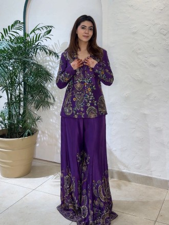 Puple Color Heavy Faux Georgette Silk Top-Bottom And Dupatta Set Fully Stitched Ready To Wear