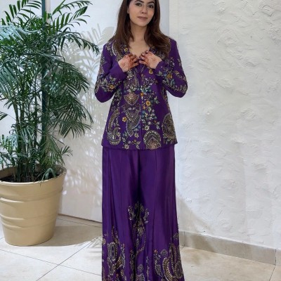 Puple Color Heavy Faux Georgette Silk Top-Bottom And Dupatta Set Fully Stitched Ready To Wear