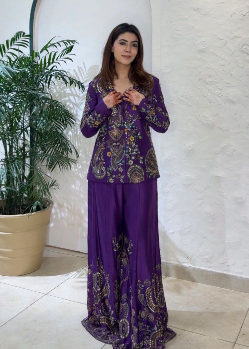 Puple Color Heavy Faux Georgette Silk Top-Bottom And Dupatta Set Fully Stitched Ready To Wear