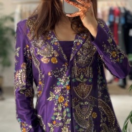 Puple Color Heavy Faux Georgette Silk Top-Bottom And Dupatta Set Fully Stitched Ready To Wear