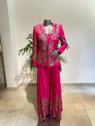 Pink Color Heavy Faux Georgette Silk Top-Bottom And Dupatta Set Fully Stitched Ready To Wear