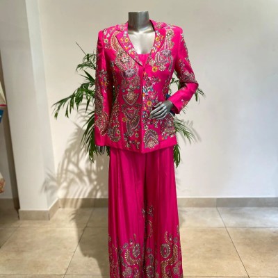 Pink Color Heavy Faux Georgette Silk Top-Bottom And Dupatta Set Fully Stitched Ready To Wear