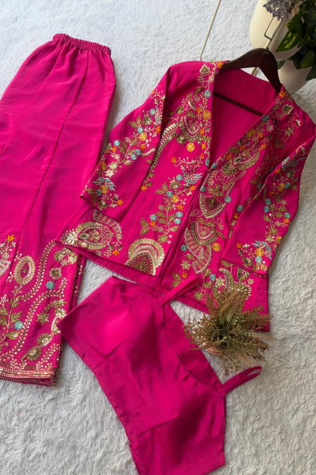 Pink Color Heavy Faux Georgette Silk Top-Bottom And Dupatta Set Fully Stitched Ready To Wear