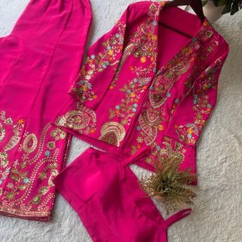 Pink Color Heavy Faux Georgette Silk Top-Bottom And Dupatta Set Fully Stitched Ready To Wear