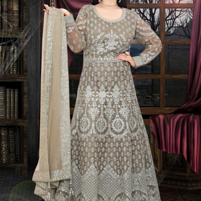 Olive Green Net Designer Gown