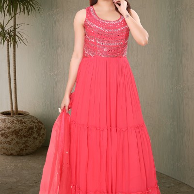 Tomato Pink Greorgette /Chiffon Gown