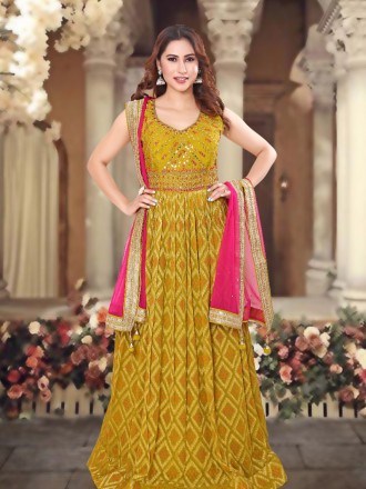 yellow and pink designer gown