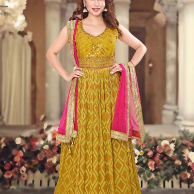 yellow and pink designer gown