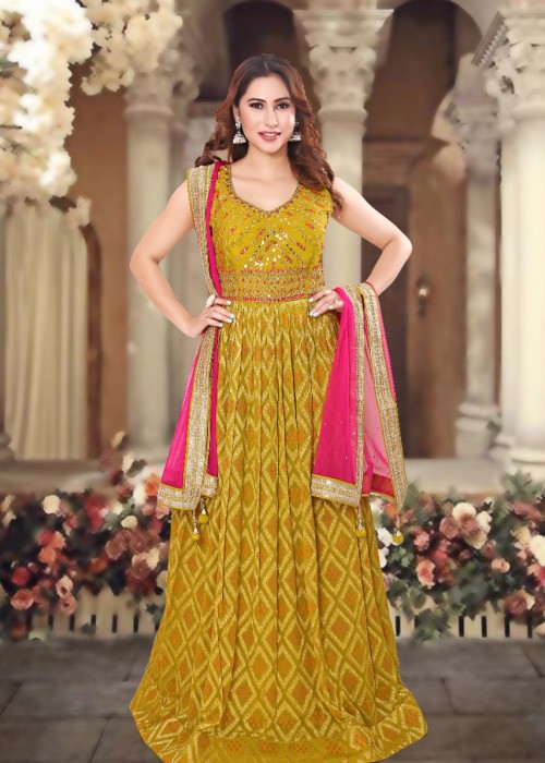 yellow and pink designer gown