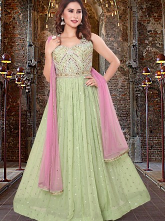 Pista green n pink Georgette Lehenga