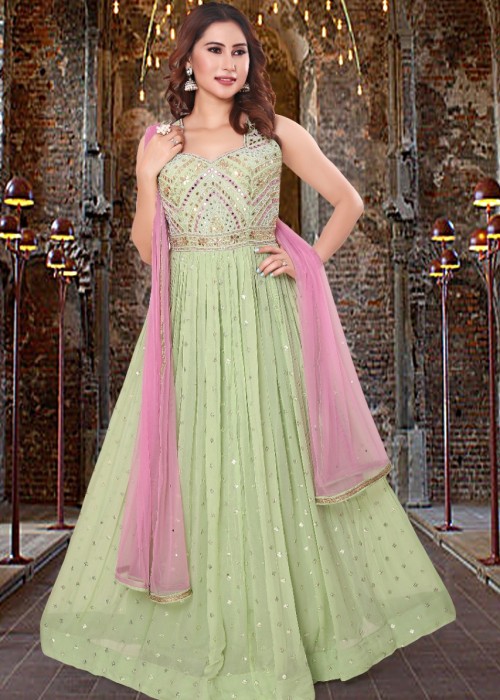 Pista green n pink Georgette Lehenga