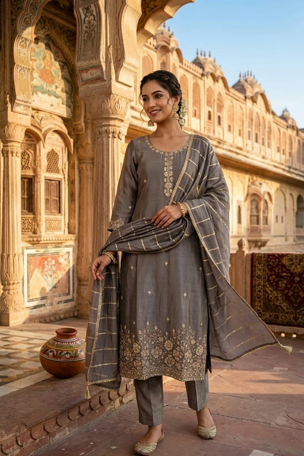Grey chanderi silk readymade salwar suit with dupatta