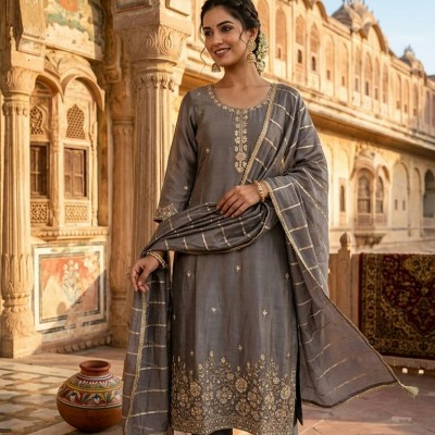 Grey chanderi silk readymade salwar suit with dupatta