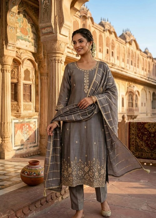 Grey chanderi silk readymade salwar suit with dupatta