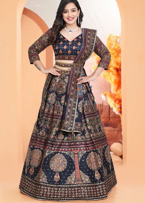 black printed silk lehenga