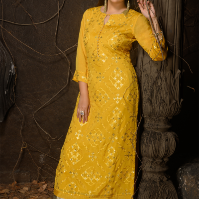 Yellow Color Designer Chinnon Kurti