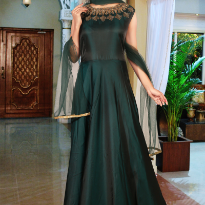 Dark Green Color Art Silk Designer Gown-PLUS SIZE