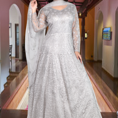 Silver Grey Color Heavy Net Designer Gown