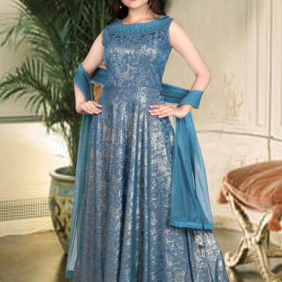Crystal Blue Color Art Silk Designer Gown