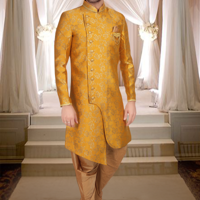 Yellow With Gold Print Art Silk Indo Western