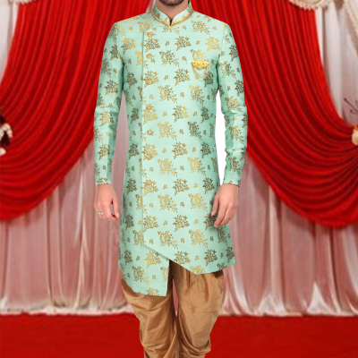 Blue With Brown Color Art Silk Fabric Indo Western