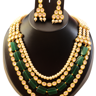 Green Crystal and White Pearl Kundan Set