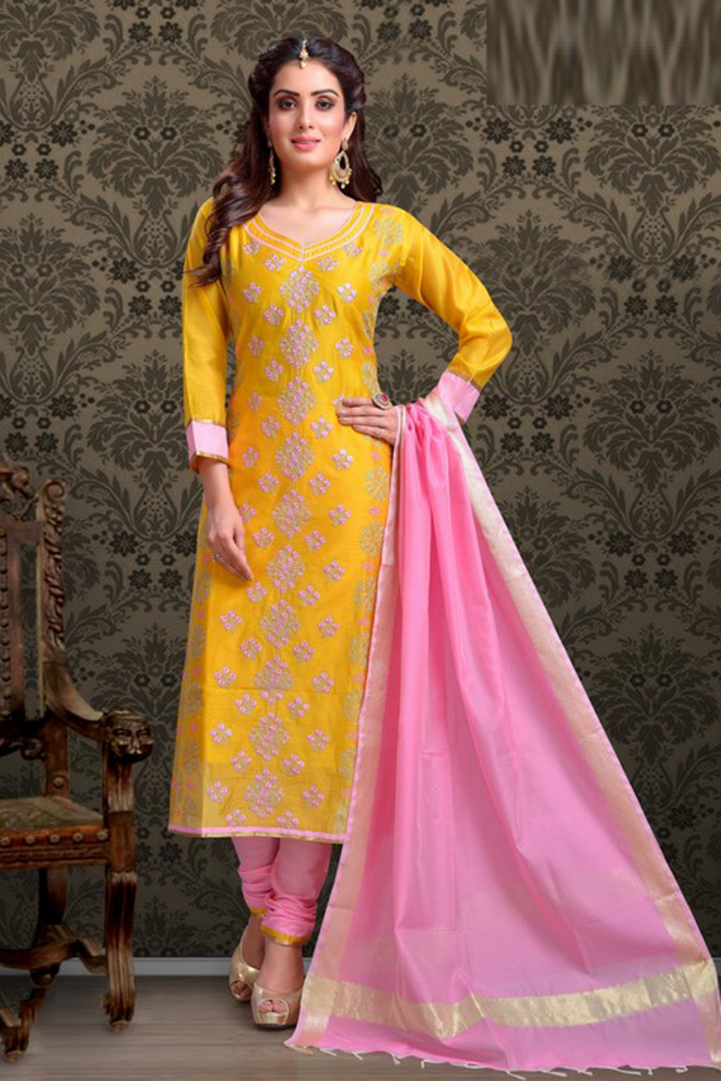 Yellow with Baby Pink Color Cotton Designer Chudidar