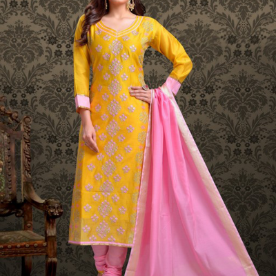 Yellow with Baby Pink Color Cotton Designer Chudidar