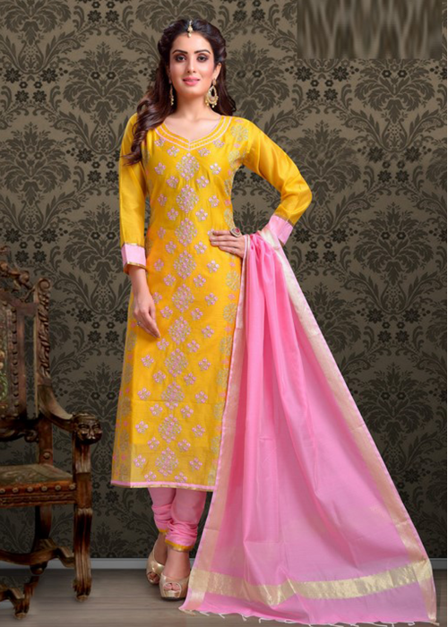 Yellow with Baby Pink Color Cotton Designer Chudidar