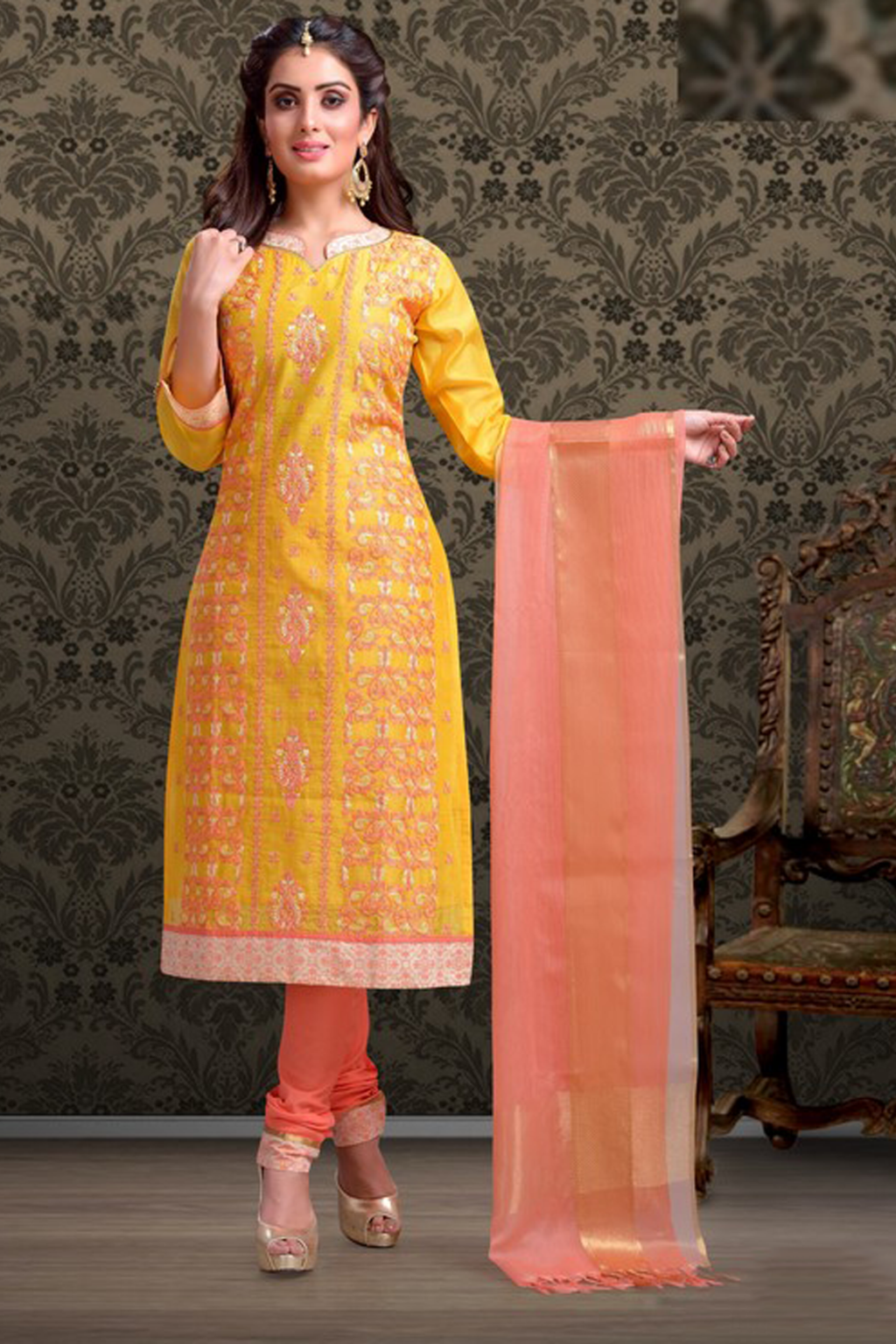 Yellow with Peach Color Cotton Designer Suit