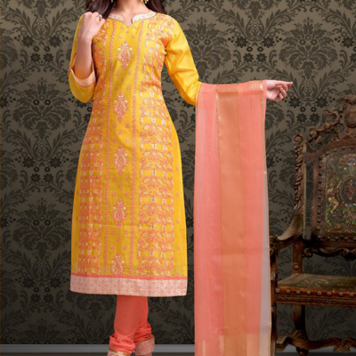 Yellow with Peach Color Cotton Designer Suit