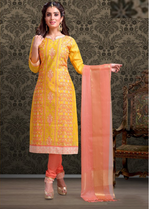 Yellow with Peach Color Cotton Designer Suit