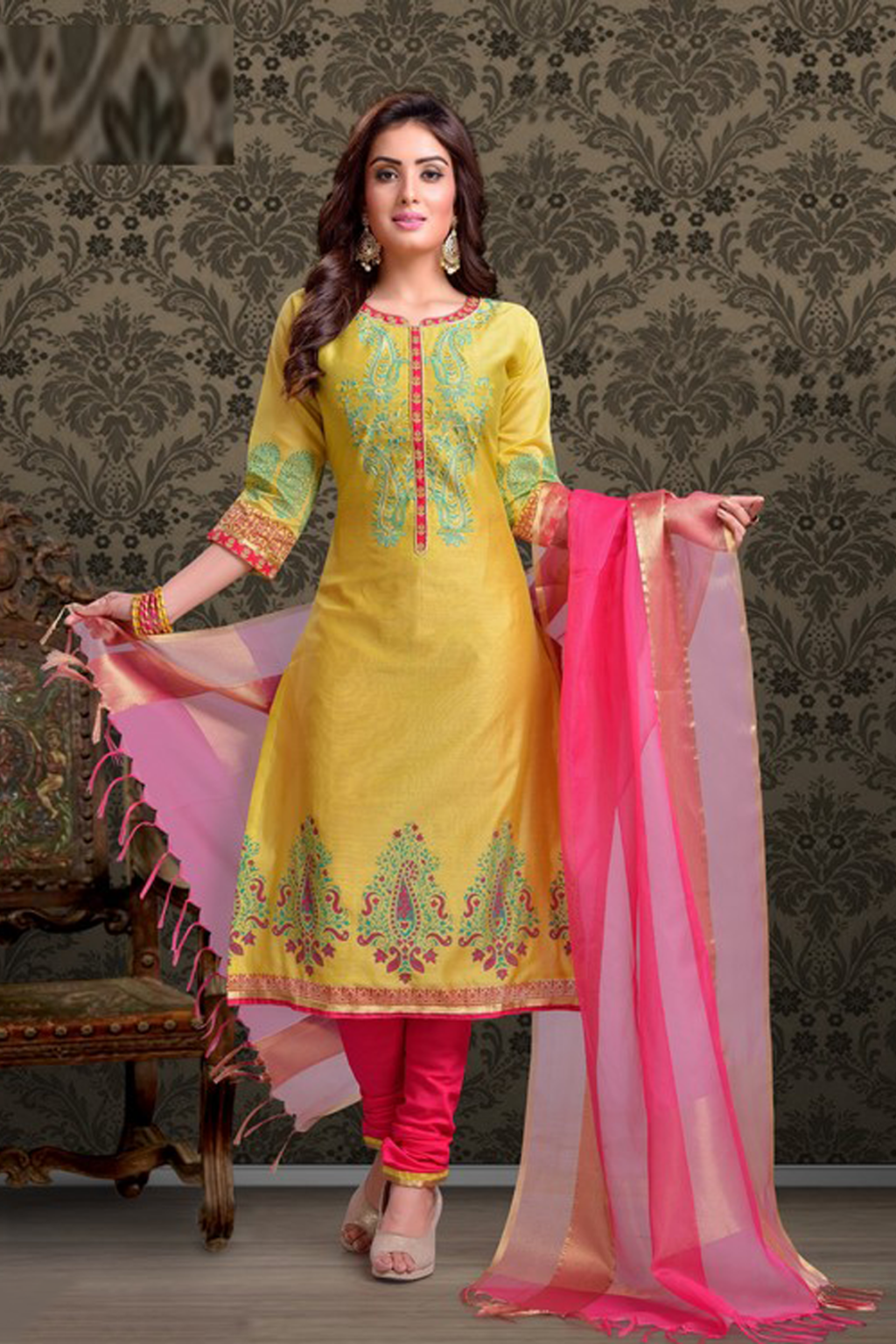 Yellow with Rani Pink Color Designer Chudidar