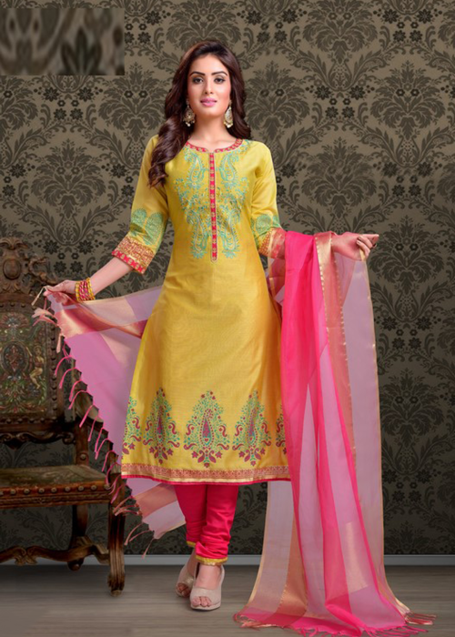 Yellow with Rani Pink Color Designer Chudidar