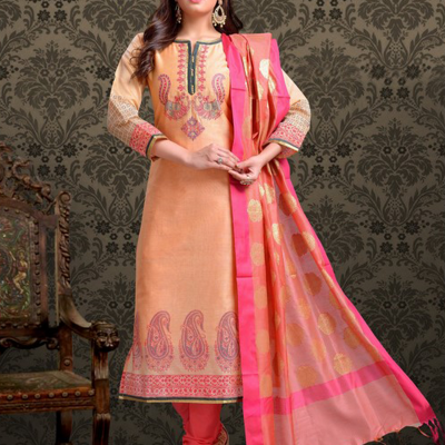 Peach with Dark Pink Color Cotton Designer Suit