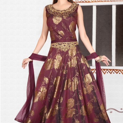 Wine Purple Soft Brocade Art Silk Gown