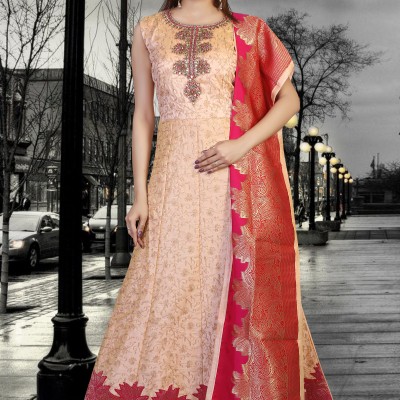 PEACH AND RED COLOR DESIGNER GOWN