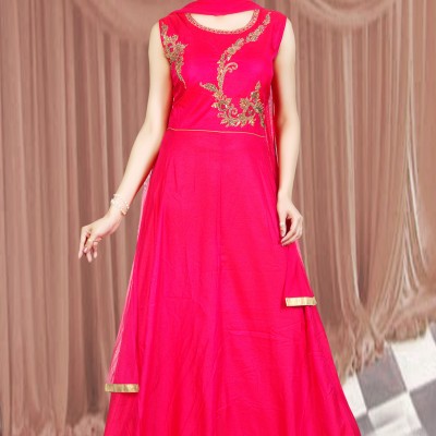DARK PINK COLOR TUSSER SILK FABRIC DESIGNER STYLE GOWN