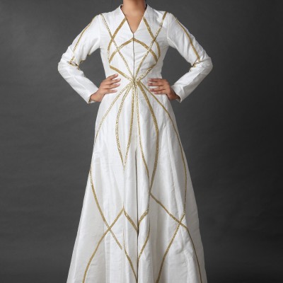 White Jacket Style Dress With Cut Dana Embroidery And White Pant.